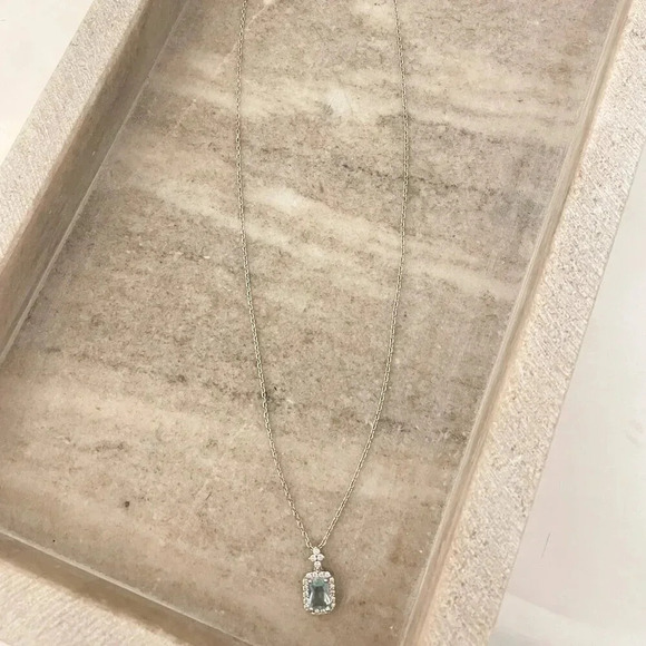 925 Sterling Silver Aquamarine Pendant Necklace Dainty CZ Diamond Necklace - Picture 3 of 9